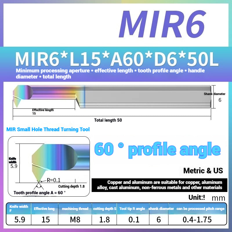 1125-MIR Bore Thread Turning Tools DLC Color Coated Aluminum and Copper CNC Shock Resistant Tungsten Carbide Small Hole Turning Tools Picking Tools Shandong Denso Pricision Tools Co.,Ltd.